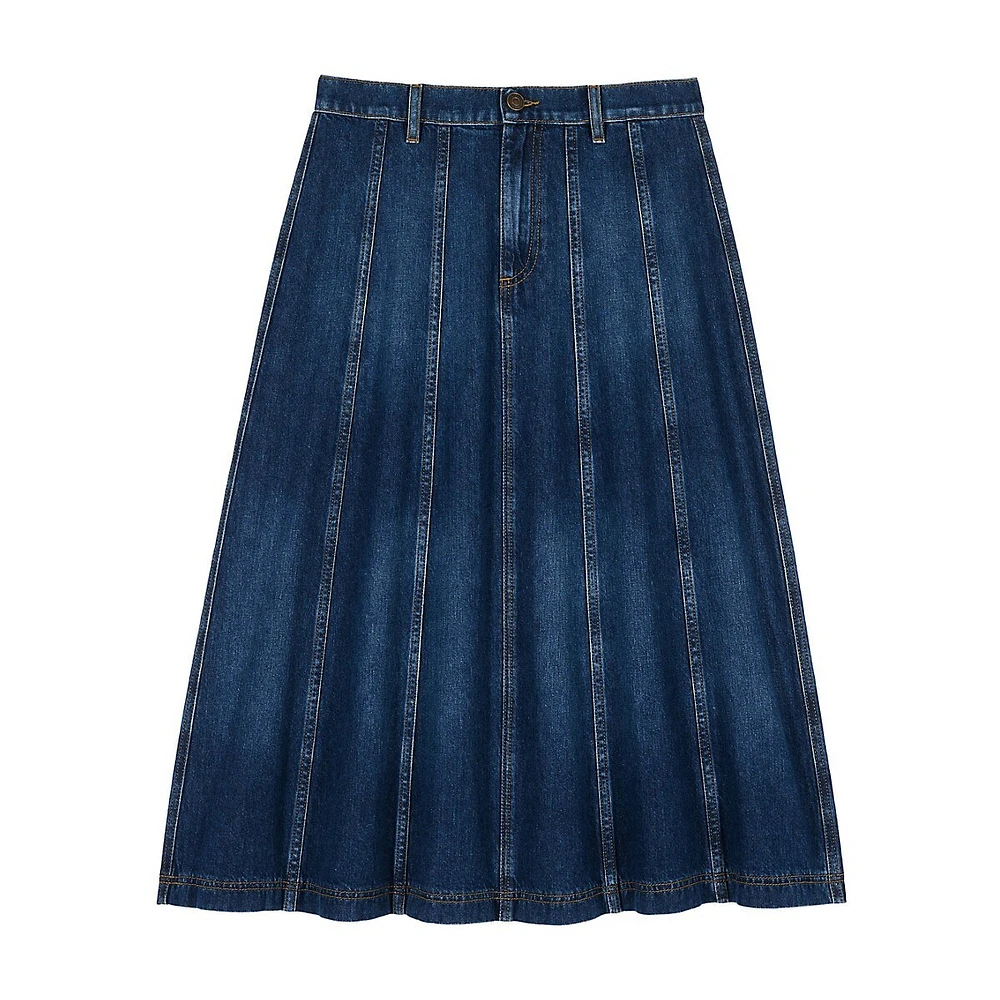 Bertille Contrast-Stitch Denim Midi Skirt