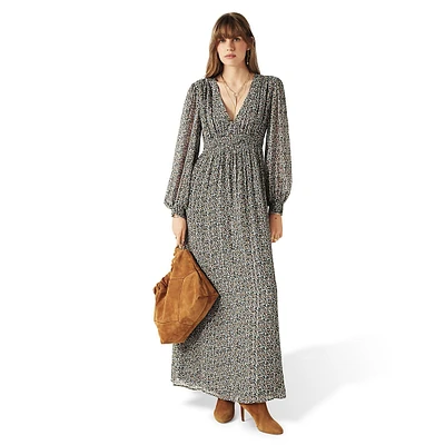 Keira Printed V-Neck Smocked-Waist Maxi Dress