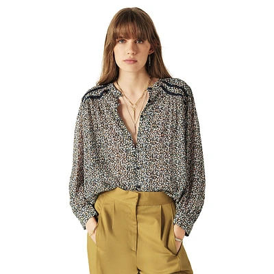 Kelani Printed Collarless Lace-Insert Shirt