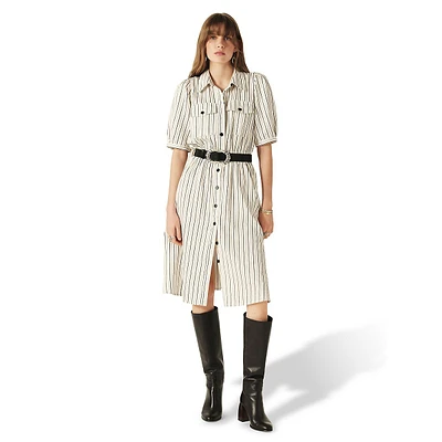 Lovely Striped Puff-Sleeve Shirt Dress