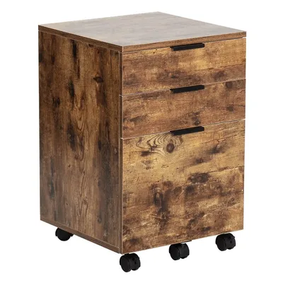 Wooden Mobile Storage File Cabinet With 3 Drawers With 5 Wheels, Rustic Brown