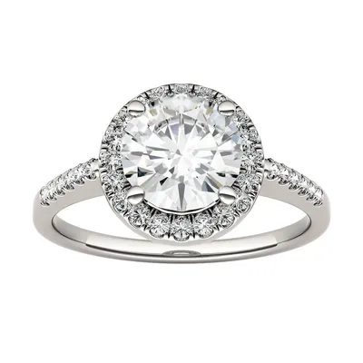14k Gold Moissanite By Charles & Colvard 7.5mm Round Halo Engagement Ring, 1.82cttw Dew