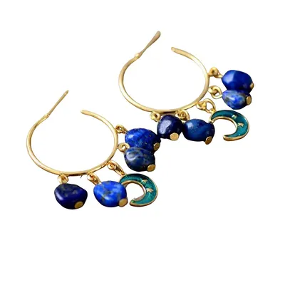 Goldtone Lapis Stone Blue Moon Hoop Earrings