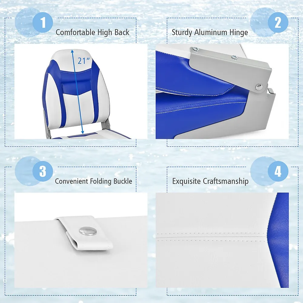 Costway High Back Folding Boat Seats W/ Blue White Sponge Cushion