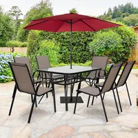 7pcs Patio Dining Set 6 Stackable Chairs Glass Table Umbrella Hole Yard