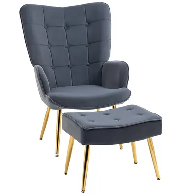 Modern Accent Chair With Ottoman Upholstered Armchair Grey