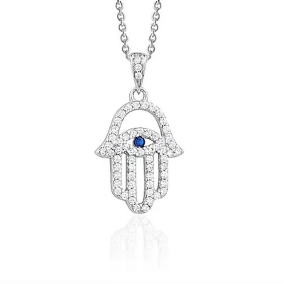 Sterling Silver Hamsa Hand Necklace Pendant For Girls With Simulated Diamonds 17.5"