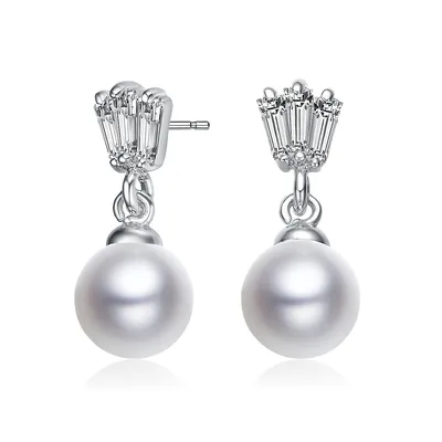 Sterling Silver White Gold Plating With Pearl And Baguette Cubic Zirconia Drop Earrings