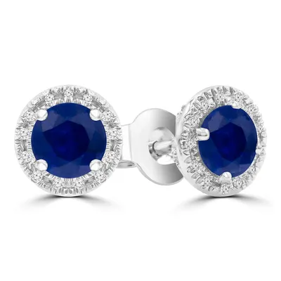1.08 Ct Round Blue Sapphire Halo Earrings 14k White Gold