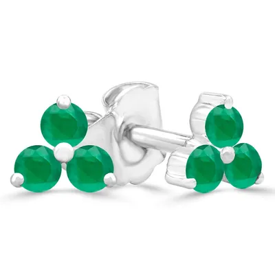 0.18 Ct Round Green Emerald Three Stone Earrings 14k White Gold