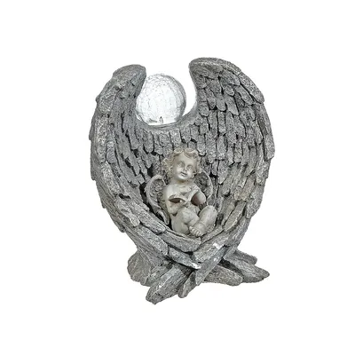 Polyresin Garden Figurine With Solar Led (cherub In Angel Wings)