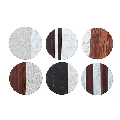 8" Round Ceramic Trivet (marble And Wood) (asstd) - Set Of 6