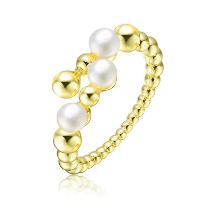 Sterling Silver 14k Yellow Gold Plating With Freshwater Pearl And Cubic Zirconia Ring