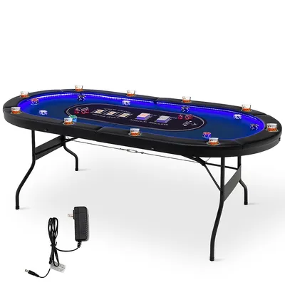 Foldable 10 Player Poker Table Casino Texas Holdem W/ Led Lights Usb Ports