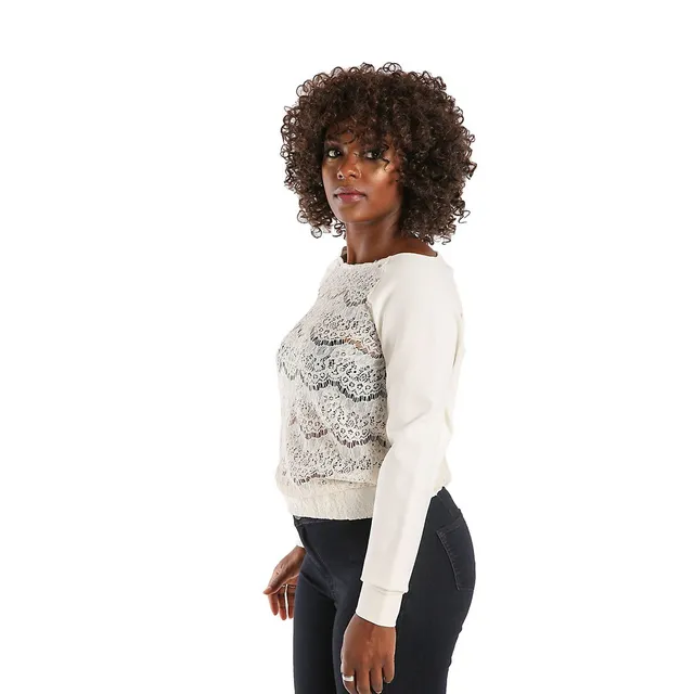 Poetic Justice Curvy Women's Lace Ponte Sleeve Pullover Boatneck