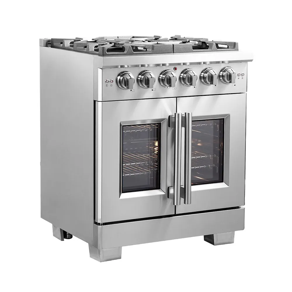 Capriasca All Gas 30" Inch. French Door Freestanding Range 5 Burners Cooktop And 4.32 Cu.ft. Convection Gas Oven - Stainless Steel Stove Range Heavy Duty Cast Iron Grates - FFSGS6460-30