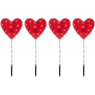 4ct Red Heart Valentine's Day Pathway Marker Lawn Stakes, Clear Lights