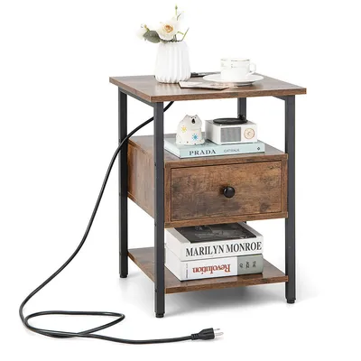 Nightstand Bedside Sofa End Table W/ Charging Station Open Shelves & Drawer