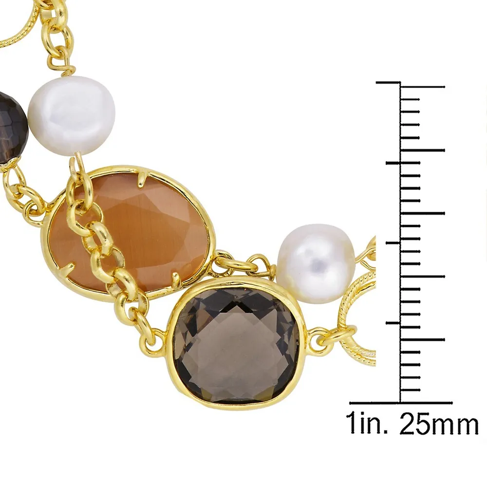 18kt Gold Plated 8.25" Quartz, Pearls, And Crystal Stones In Bracelet