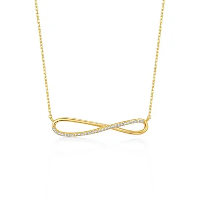 Sterling Silver 14k Yellow Gold Plating With Clear Cubic Zirconia Infinity Symbol Ribbon Pendant Necklace