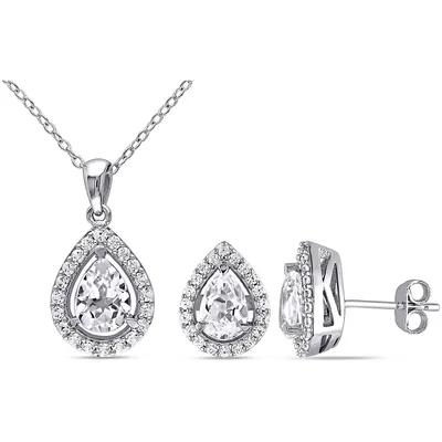 2-piece Set 4 7/8 Ct Tgw Created White Sapphire Teardrop Halo Necklace And Stud Earrings In Sterling Silver