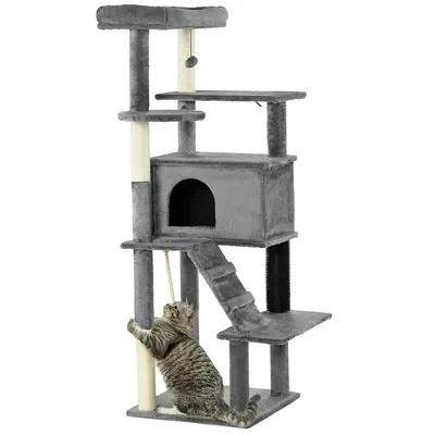 58" Cat Tree For With Scratching Posts Bed House Toys, Grey
