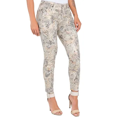 Curvy Fit Bronze Coated Twill Animal Printed Skinny Ankle Jeans