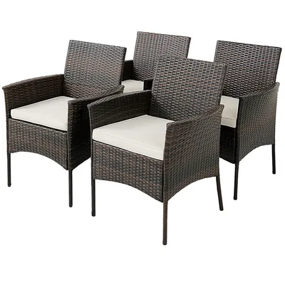 Set Of 4 Patio Rattan Dining Chairs Cushioned Seat Curved Armrests Outdoor Porch