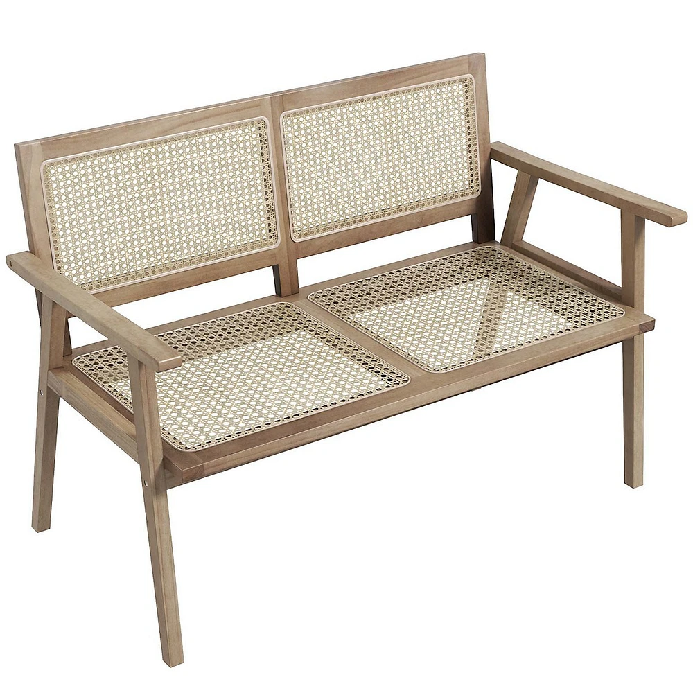 Teak Wood Garden Bench 2-person Bench With Armrests Natural Rattan Backrest & Seat