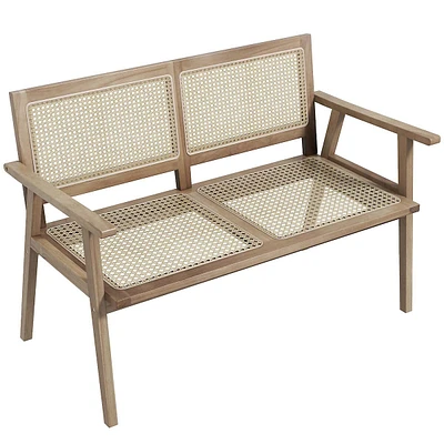 Teak Wood Garden Bench 2-person Bench With Armrests Natural Rattan Backrest & Seat
