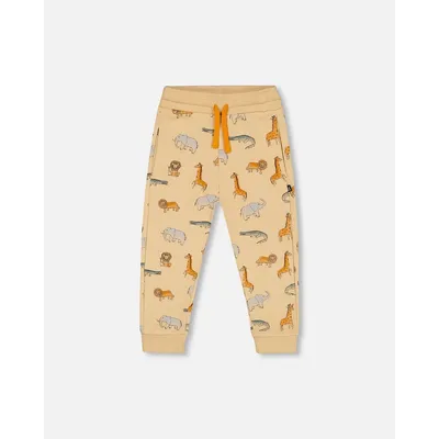 French Terry Sweatpants Beige Printed Jungle Animal