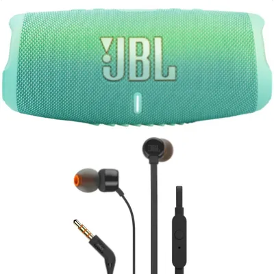 Charge 5 Portable Waterproof Bluetooth Speaker Teal With Jbl T110 Headphones