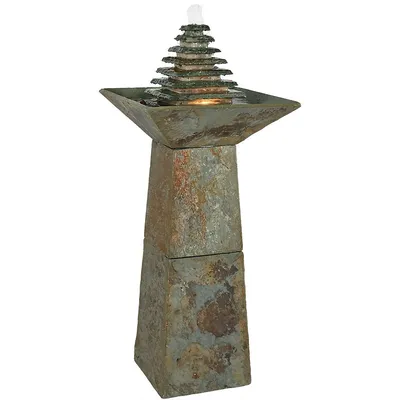 Layered Slate Pyramid Outdoor Water Fountain With Led - 40 Inch