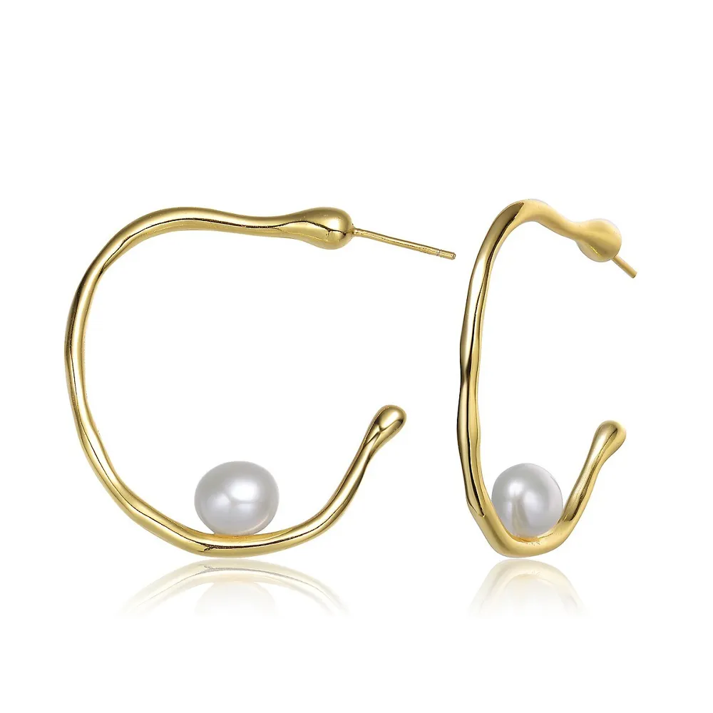Sterling Silver 14k Yellow Gold Plated Freshwater Pearl Hoop Earrings