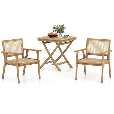 3 Pieces Patio Table Chair Set Wood Bistro Set With Rattan Seat & Teak Wood Frame