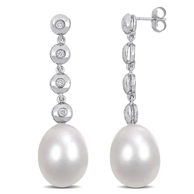 Cultured Freshwater Pearl And 1/6 Ct Tw Diamond Linear Drop Earrings In 14k White Gold