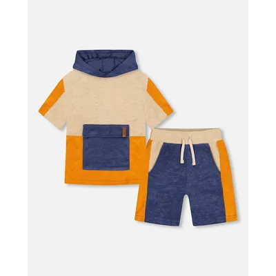 Terry Cloth Hooded Top And Short Set Navy Beige