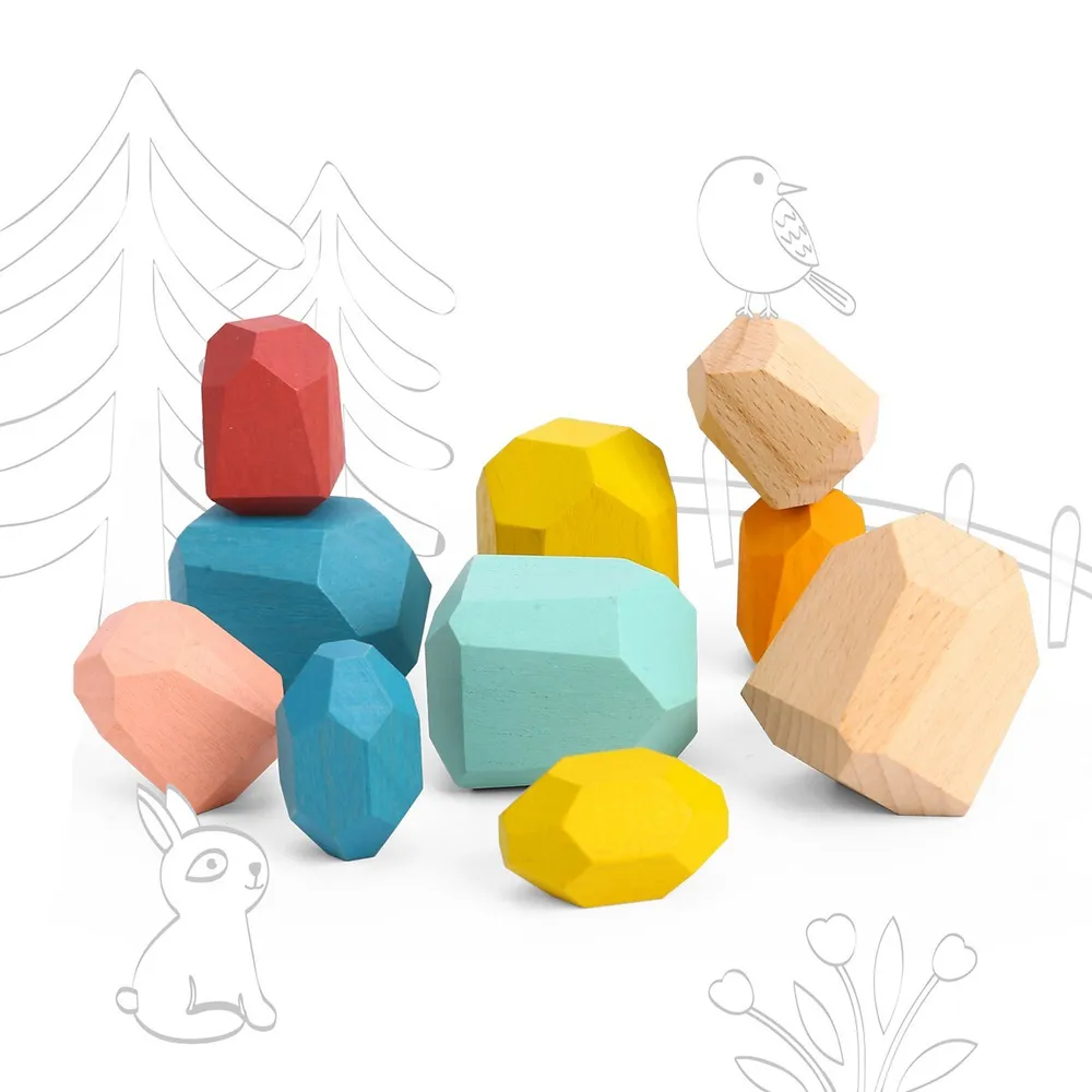 Wooden Stacking Stones Toy - 16pcs - Balancing Building Blocks Set For Kids 3 Years +