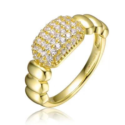 Sterling Silver 14k Yellow Gold Plating With Clear Cubic Zirconia Pave Scalloped Ring