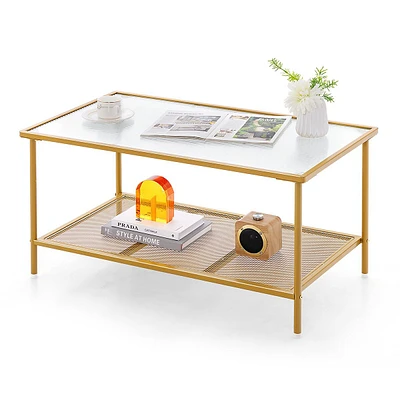 2-tier Coffee Table With Shelf With Tempered Glass Top & Metal Frame Living Room