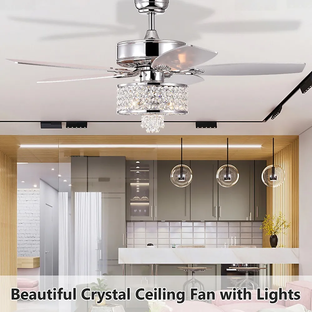50" Electric Crystal Ceiling Fan W/light Adjustable Speed Remote Control