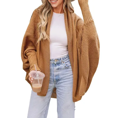 Women's Camel Textured Knit Open-front Cardigan