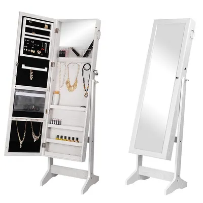 Mirrored Lockable Jewelry Cabinet Jewellery Armoire Comestic Organizer Storage Box