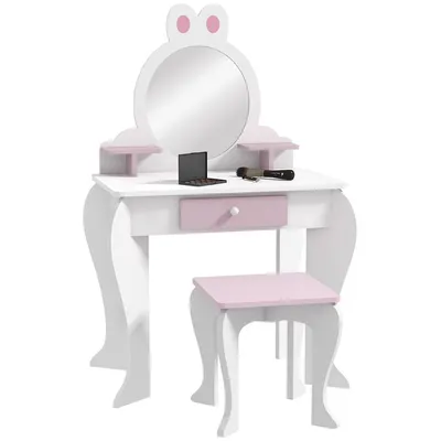 Kids Vanity Table With Mirror And Stool Rabbit Design White