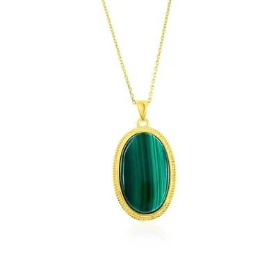 Sterling Silver Or Gold Plated Over Oval Malachite Beaded Border Pendant Necklace