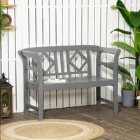 Wooden Bench W/ Pattern Backrest, Loveseat Chair, Gray