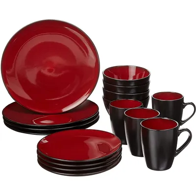 Soho Round 16 Piece Stoneware Dinnerware Set, Burgundy & Black