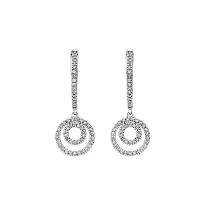 Fine Double Circle Diamond Drop Huggie Earrings In Sterling Silver