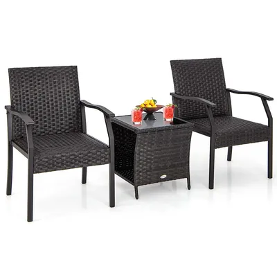 3 Pcs Patio Conversation Set Wicker Chair Tempered Glass Table Cushioned Seat