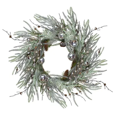 28" Artificial Pine Frosted Christmas Wreath With Silver Berries-unlit